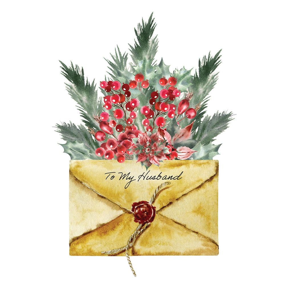 Pictura Holly Envelope Christmas Card featuring festive holiday design for husband, with red holly accents and traditional Christmas imagery.